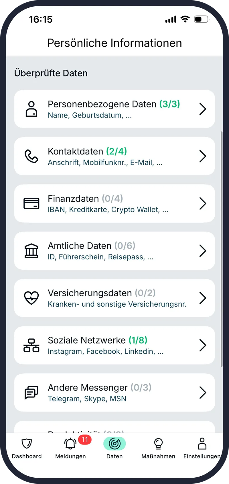 omniac App — Überwachte Datentypen im Überblick