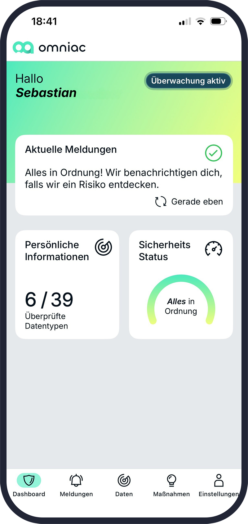 omniac App Dashboard — Sicherheitsübersicht
